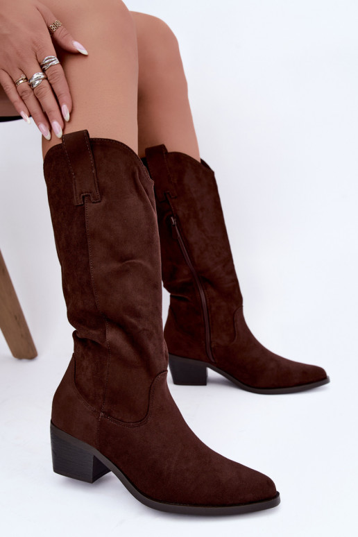 Warme lange cowboy-stijl laarzen met hakken in bruin Rialene