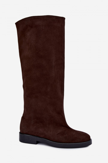 Warme lange laarzen van faux suede met brede hakken in bruin Zazoo 542
