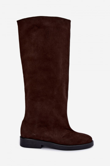 Warme lange laarzen van faux suede met brede hakken in bruin Zazoo 542 2