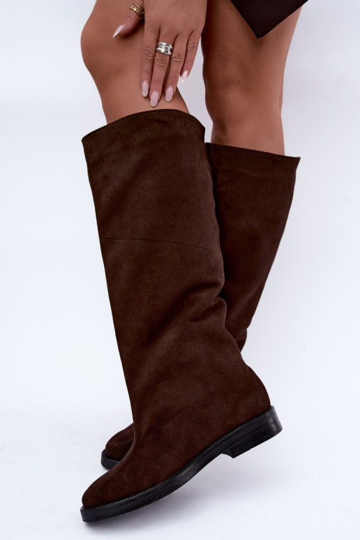 Warme lange laarzen van faux suede met brede hakken in bruin Zazoo 542