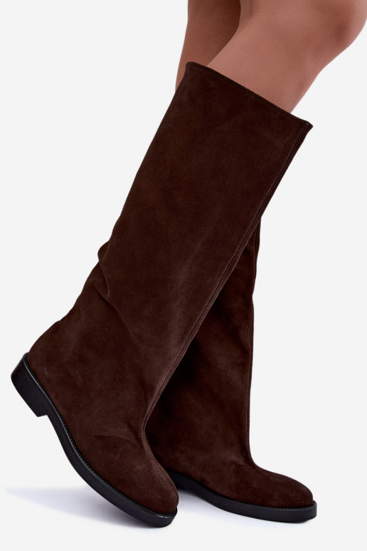 Warme lange laarzen van faux suede met brede hakken in bruin Zazoo 542