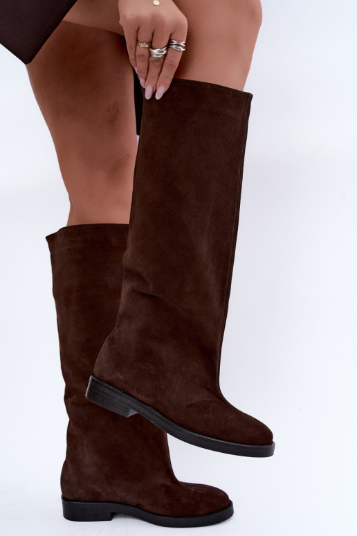 Warme lange laarzen van faux suede met brede hakken in bruin Zazoo 542