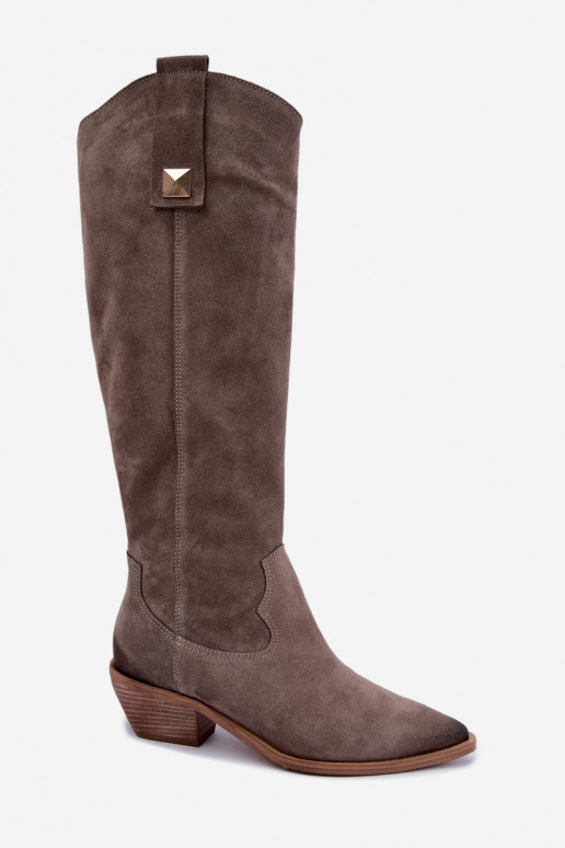 Warme lange laarzen in cowboy-stijl van faux suede in klei Zazoo 4224