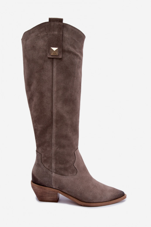 Warme lange laarzen in cowboy-stijl van faux suede in klei Zazoo 4224