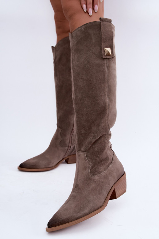 Warme lange laarzen in cowboy-stijl van faux suede in klei Zazoo 4224