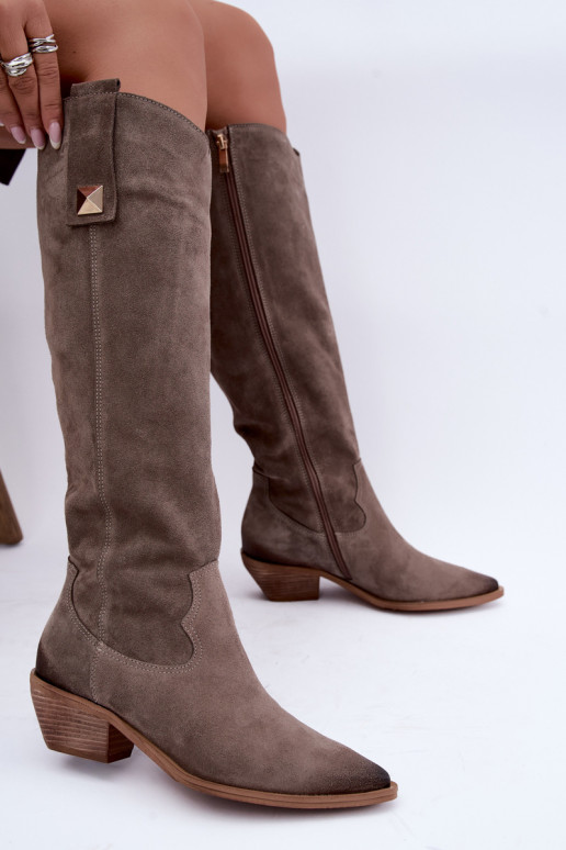 Warme lange laarzen in cowboy-stijl van faux suede in klei Zazoo 4224