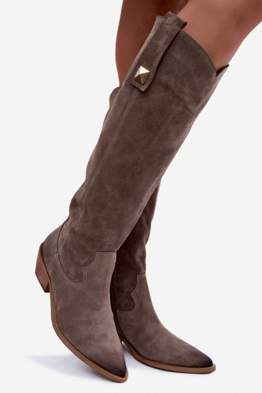 Warme lange laarzen in cowboy-stijl van faux suede in klei Zazoo 4224
