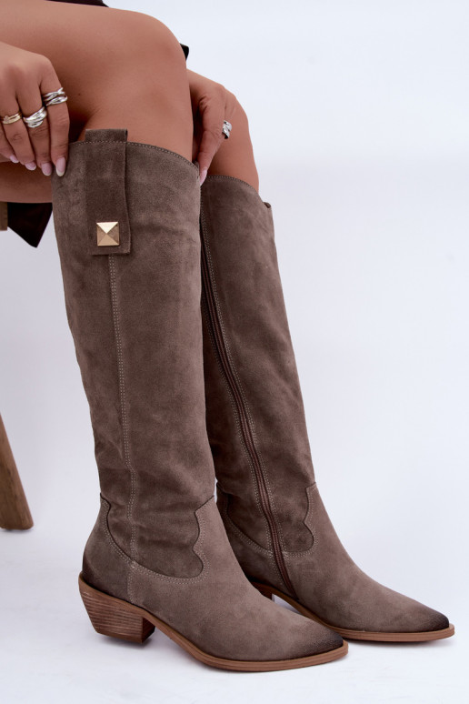 Warme lange laarzen in cowboy-stijl van faux suede in klei Zazoo 4224