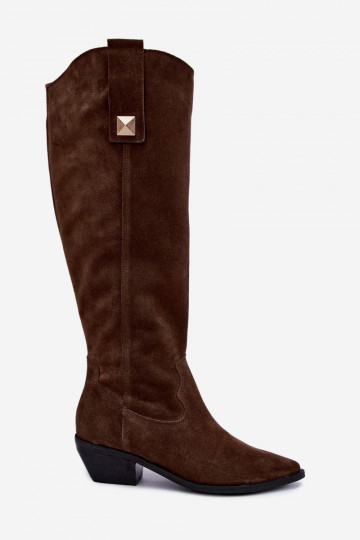 Warme lange laarzen in cowboy-stijl van faux suede in bruin Zazoo 4224 2
