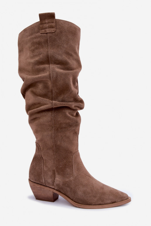 Warme gekreukte lange laarzen in cowboy-stijl van faux suede in bruin Zazoo 4313