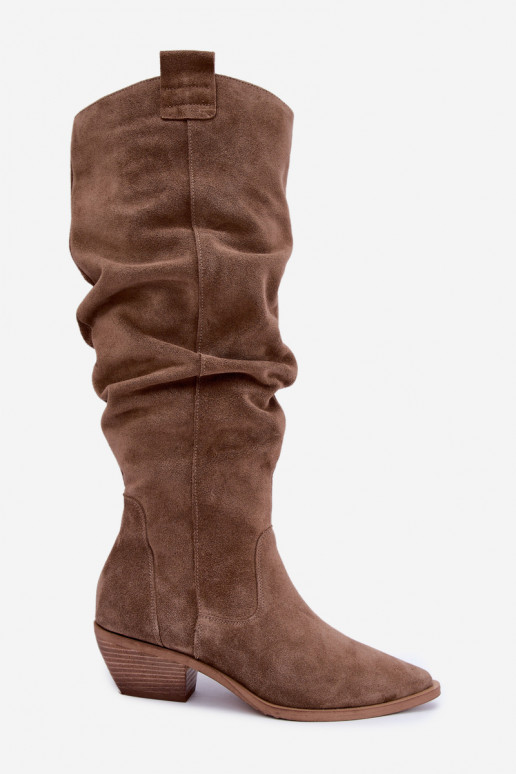 Warme gekreukte lange laarzen in cowboy-stijl van faux suede in bruin Zazoo 4313