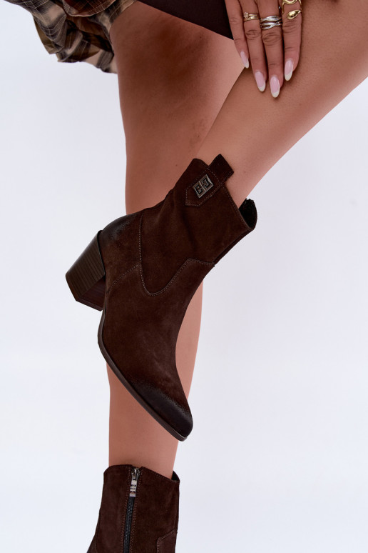Dames geïsoleerde cowboy-stijl enkellaarsjes met hakken van natuurlijk suede Zazoo 60603