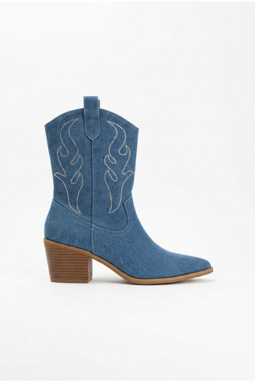 Denim cowboy-stijl enkellaarsjes met hakken en decoratie Perella