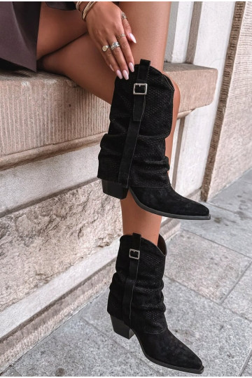 Zwarte cowboy-stijl kniehoog laarzen met puntige neus en hakken Calenne 2
