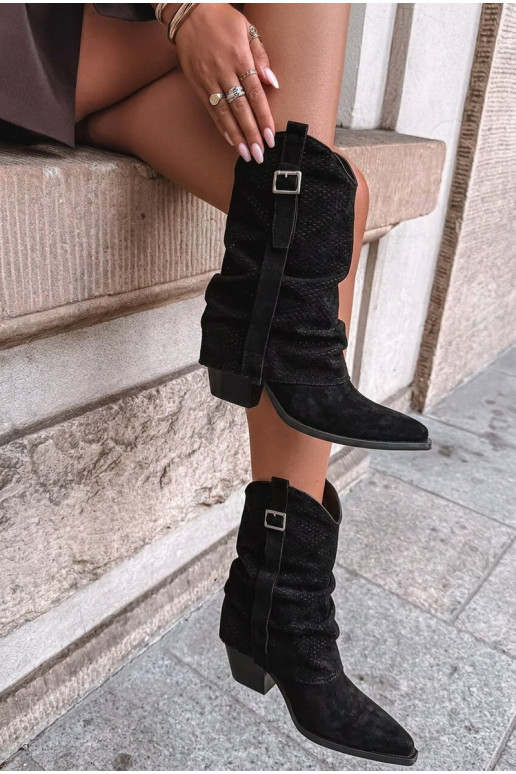 Zwarte cowboy-stijl kniehoog laarzen met puntige neus en hakken Calenne