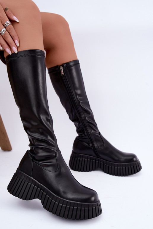 Zwarte knieboots met platform Haldora