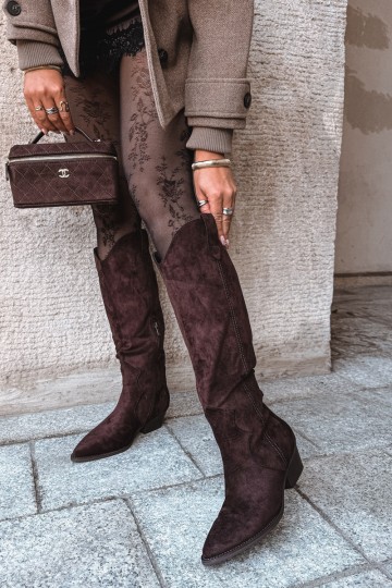 Warme lange cowboy-stijl laarzen met hakken in bruin Renissa
