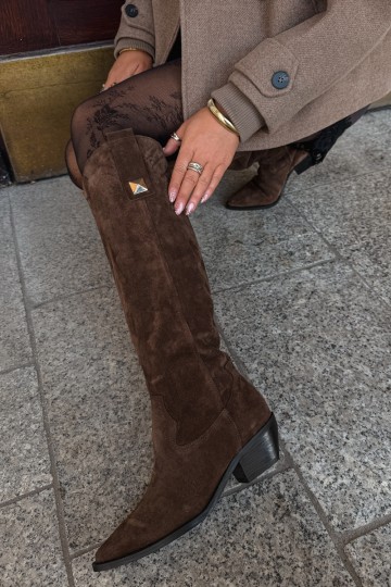 Warme lange laarzen in cowboy-stijl van faux suede in bruin Zazoo 4224 2