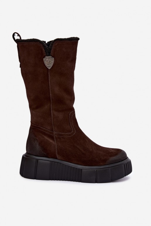 dameskniehoge laarzen van bruin faux suede met wol Zazoo