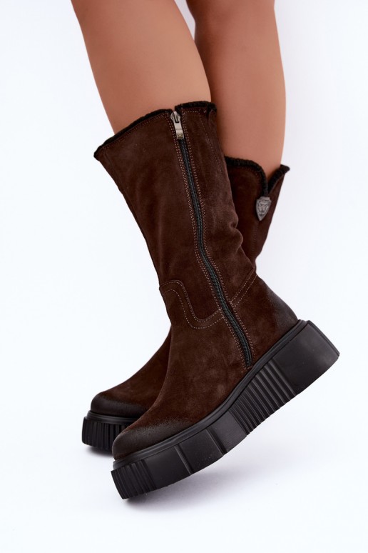 dameskniehoge laarzen van bruin faux suede met wol Zazoo