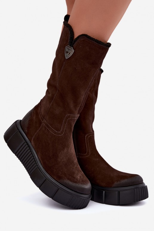 dameskniehoge laarzen van bruin faux suede met wol Zazoo