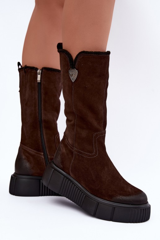 dameskniehoge laarzen van bruin faux suede met wol Zazoo