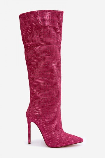kniehoge laarzen met dunne hakken en fonkelende oogjes in roze Lovisa 2
