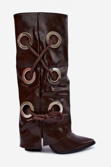 hoge laarzen met veterschaft en decoratieve veters in chocoladekleur Pamina 2