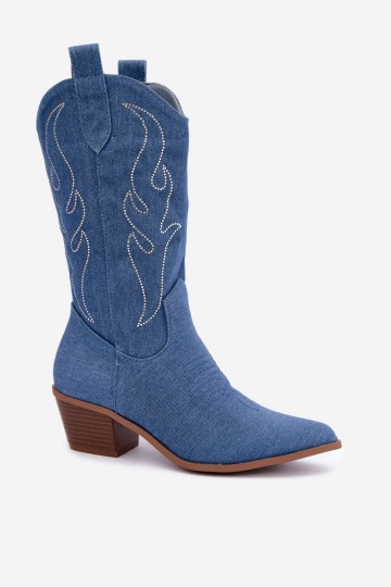 Denim cowboy-stijl enkellaarsjes met hakken en decoratie Perella