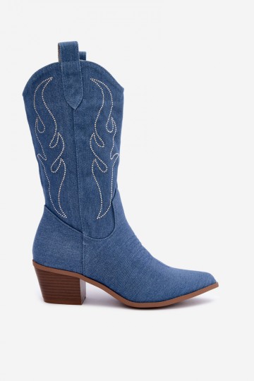 Denim cowboy-stijl enkellaarsjes met hakken en decoratie Perella 2