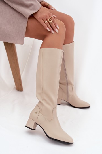 Beige geïsoleerde dames over-the-knee laarzen van leer met hakken