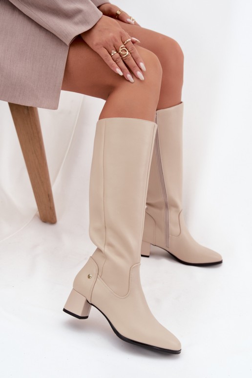 Beige geïsoleerde dames over-the-knee laarzen van leer met hakken
