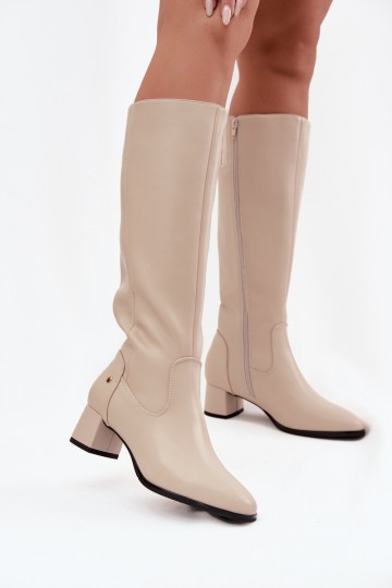 Leer opInarmen dameslaarzen met hakken Het heeftciejka A7165-04 beige 2