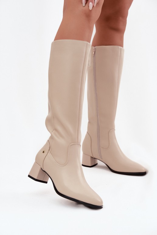 Beige geïsoleerde dames over-the-knee laarzen van leer met hakken
