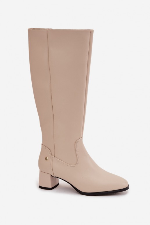 Beige geïsoleerde dames over-the-knee laarzen van leer met hakken