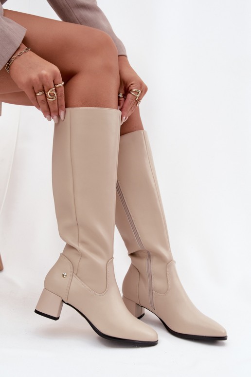 Beige geïsoleerde dames over-the-knee laarzen van leer met hakken