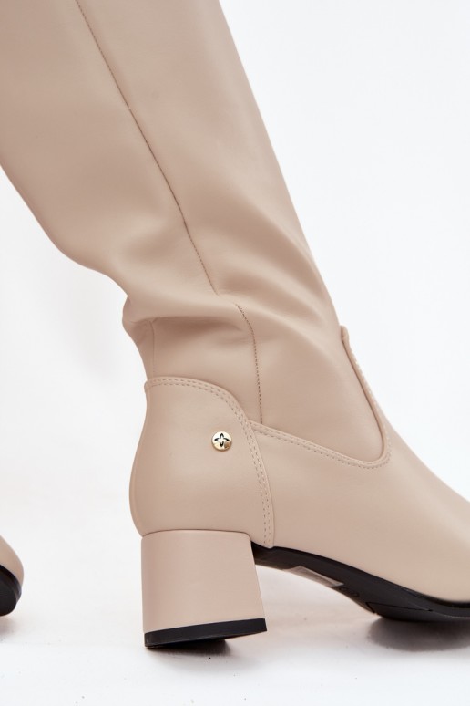 Beige geïsoleerde dames over-the-knee laarzen van leer met hakken