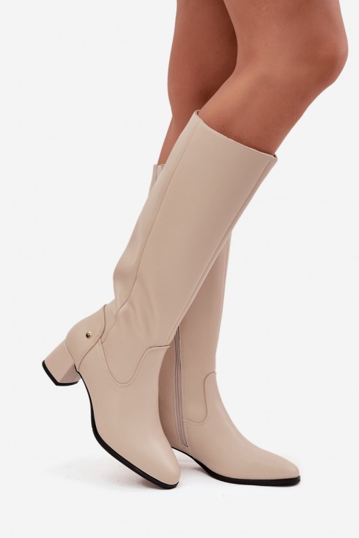 Beige geïsoleerde dames over-the-knee laarzen van leer met hakken
