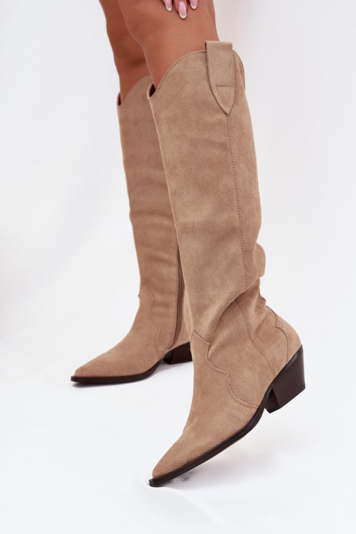 Warme lange cowboy-stijl laarzen met hakken van faux suede in zandkleur Jovianne