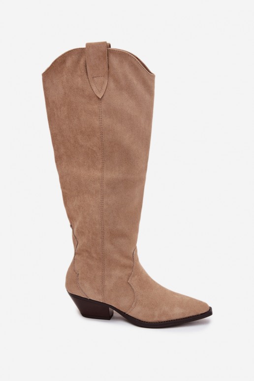 Warme lange cowboy-stijl laarzen met hakken van faux suede in zandkleur Jovianne