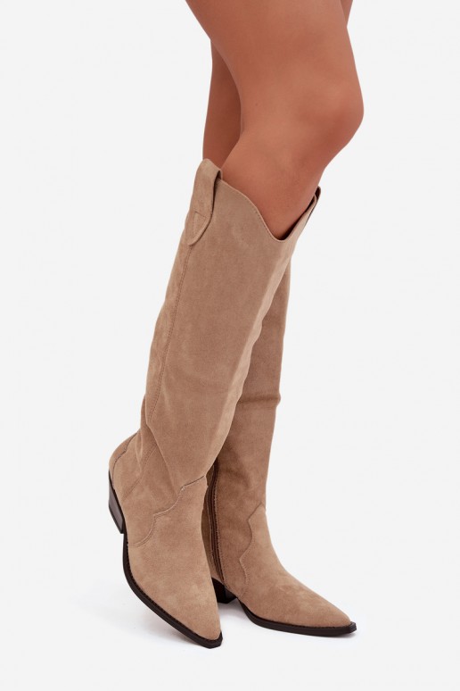 Warme lange cowboy-stijl laarzen met hakken van faux suede in zandkleur Jovianne
