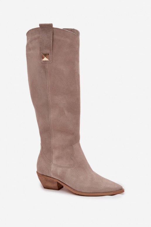 Koffiekleurige faux suede lange cowboylaarzen met voering Zazoo 4224