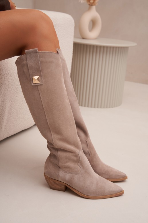 Koffiekleurige faux suede lange cowboylaarzen met voering Zazoo 4224