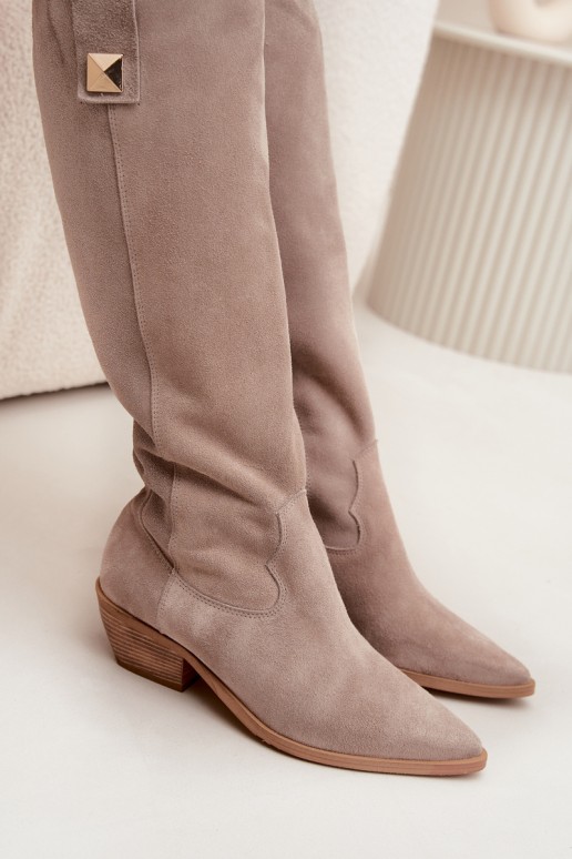 Koffiekleurige faux suede lange cowboylaarzen met voering Zazoo 4224