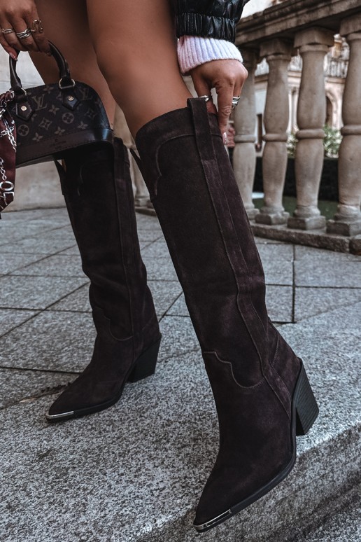 Warme lange cowboy-stijl laarzen met hakken in faux suede bruin