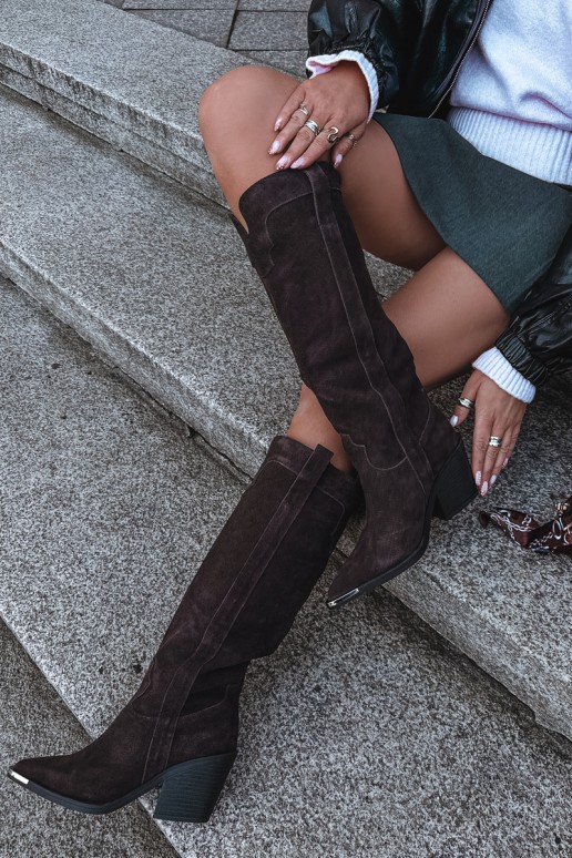 Warme lange cowboy-stijl laarzen met hakken in faux suede bruin