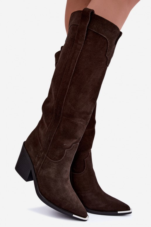 Warme lange cowboy-stijl laarzen met hakken in faux suede bruin