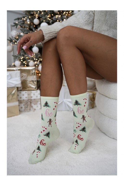 Pistache kleurige dames sokken met kerstbomen Ho Ho Ho