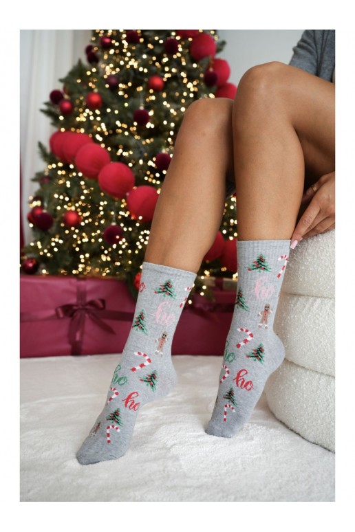 Grijze dames sokken met kerstbomen Ho Ho Ho