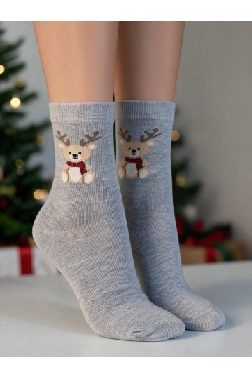 Kinder sokken met kerst teddybeer en hoorns in grijs